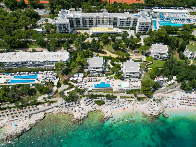 Aerial flyover of a coastal resort